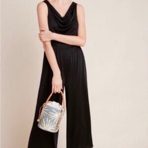 Maeve Anthropologie Enchantment  XL‎ Black Jumpsuit Wide Leg Drape Neck Low Back